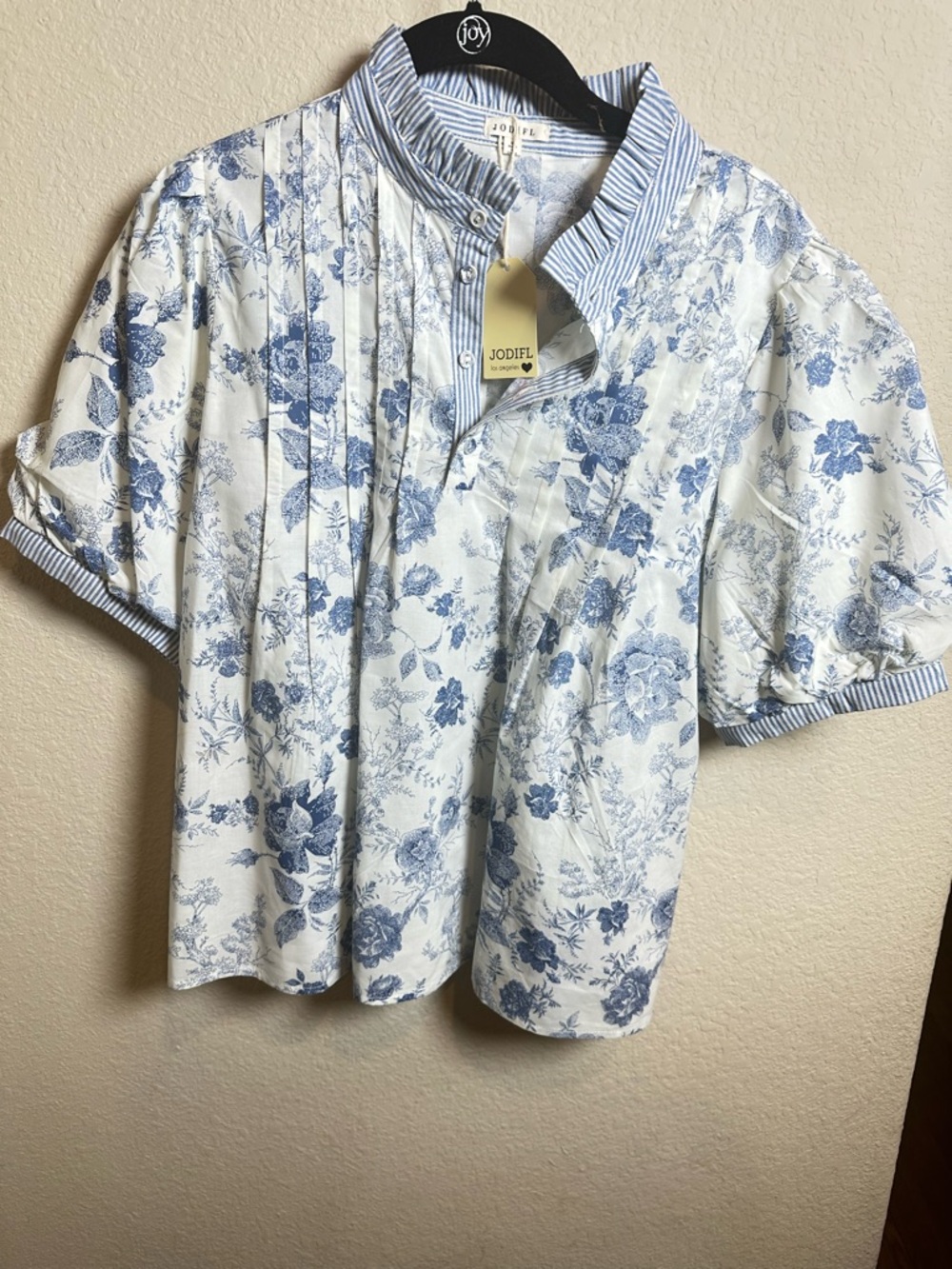 JODIFL White Blouse with Blue Floral Print and Striped Trim